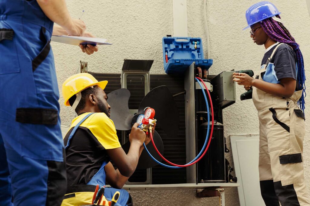 Three technicians in blue overalls are working together to fix an air conditioning unit in a residential setting.